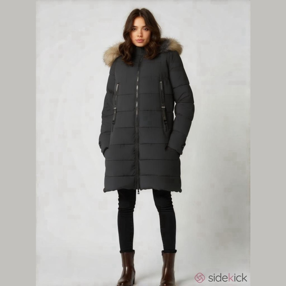 Bernardo Puffer Jacket Small Black Faux Fur Hood